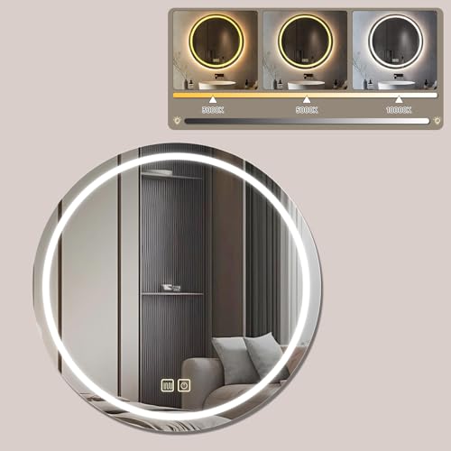 MCLWSQ Espejo de Baño LED con Iluminación,Espejo Redondo con Iluminación,Espejo de Pared para Baño,3 Colores de Luz Regulables,Espejo de Baño con Interruptor Táctil y Antivaho,3000K-10000K (60cm)