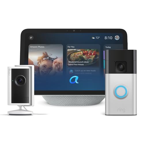 Smart Home Security Basics Kit - Amazon Echo Show 8 (newest model) + Ring Battery Doorbell (newest model) + Ring Indoor Cam (newest model), with Alexa+ Early Access