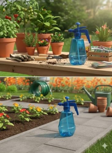Image of 5 Litre Green Garden Watering Can & 1.5 Litre Transparent Blue Hand Pressure Sprayer Combo Pack | Dual-Handle Water Pot with Detachable Shower & Adjustable Brass Nozzle Pump Spray for Indoor & Outdoor