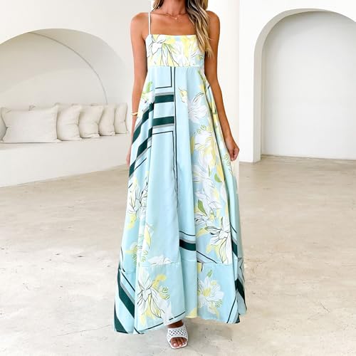 Image of NUFIWI Women Summer Striped Maxi Dress Spaghetti Strap Cutout Ruffle Long Dress Flowy Swing Beach Vocation Dress