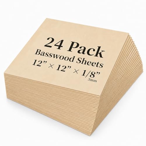 FAMANDY 24 Pack 12 x 12 x 1/8 Inch Basswood Sheets 3mm Plywood for Laser Cutting & Engraving Unfinished Wood for Crafts Wood Burning DIY Models Painting