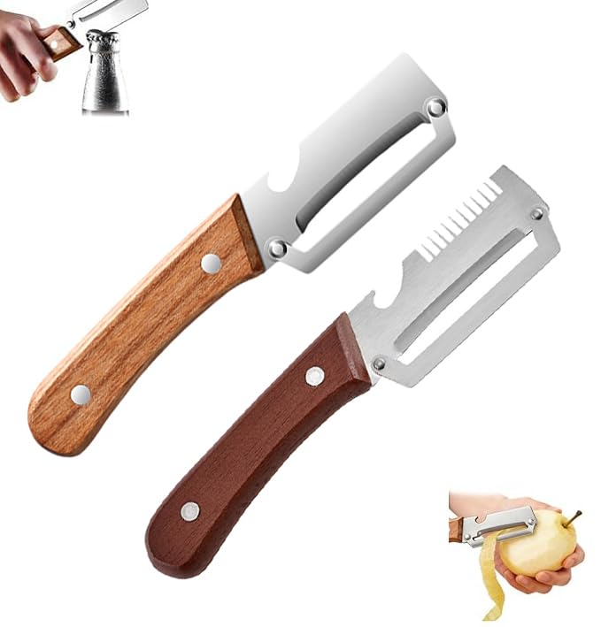2 Stück Multifunktionaler Gemüseschäler Sparschäler mit Holzgriff aus Edelstahl 3-in-1 Küchenschäler mit Julienne-Reibe und Flaschenöffner Ergonomisches Küchenwerkzeug (Mix A 2pc)