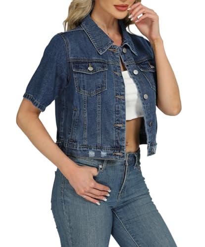 LifeShe Cropped Denim Jacket for Women Short Sleeve Casual Ripped Jean Jackets Distressed Trucker Coats4