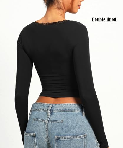 Navneet Women Sexy V Neck Lace Long Sleeve Shirts Crop Top Fall Cute Going Out Tops3