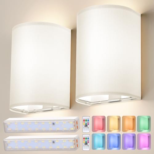 Image of OCATO Battery Operated Wall Sconce: Wireless Wall Sconces Set of Two Battery Operated Magnetic Lamp Rechargeable Lights Dimmable with 16 RGB Colors with Remote Walls Decor for Bedroom Living Room
