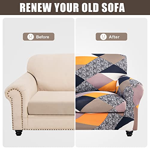 Searchi Stretch Sofa Cover Printed Couch Covers, Floral Pattern 2 Piece Armchair Slipcover With Separate Chair Cushion Cover, Washable Furniture Protector For Living Room(Armchair, Orange Geometry) #TOP6