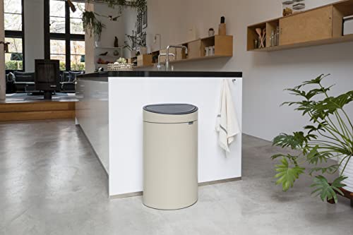 Image of Brabantia Press-Top Kitchen Trash Can with Flat Back | Soft Beige | 10.6 Gallon / 40L | Home Trash Can with Soft-Touch Stay-Open Lid & Removable Inner Bucket | Fits Flat Against Walls | + Trash Bags
