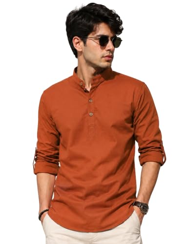 Image of Fifth U Men's Cotton Polyester Blend Solid Mandarin Collar Self Design Full Sleeve Casual Short Kurta