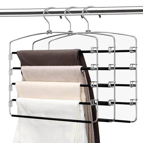 DURTYN Pants Hangers 3 PCS, 5 Tier Closet Organizers and Storage Clothes Hangers with Swing Arm - Space Saving Metal Hangers for Pants, Trousers, Jeans, Leggings, and Slacks Organization, KLJEW452