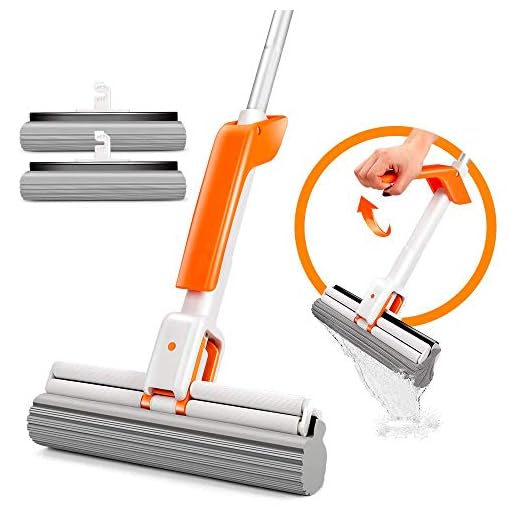 Sponge Mop with Telescopic Stainless Steel Handle Sponge Roller Foam Mop with 2pcs Mop Head and 1 x Hidden Scraper 130cm (50 Inch) for All Types of Floor