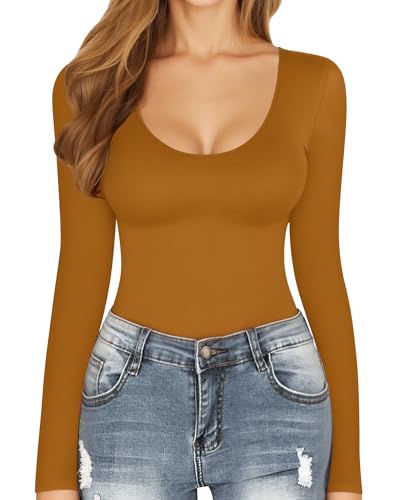 Image of MANGOPOP Women's Scoop Neck Long Sleeve Stretchy Basic Bodysuit Jumpsuits