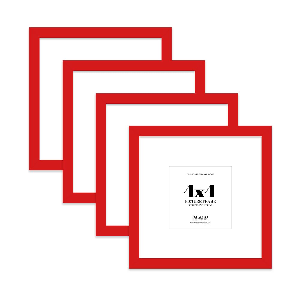 4x4 Red Picture Frame with Mount for 2x2 Photos, Prints - Modern Square Wall Frame, Set of 4