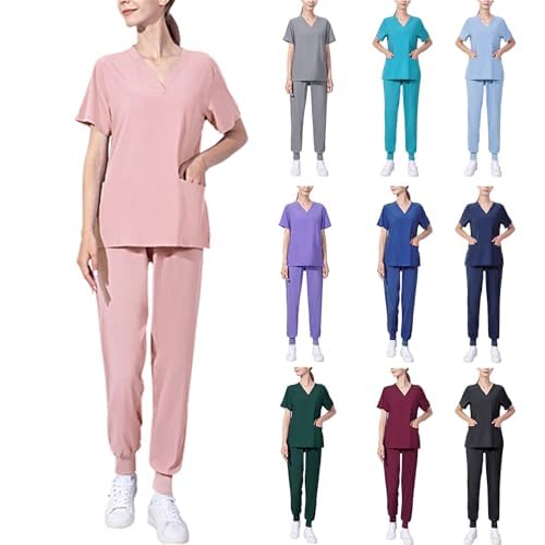Scrub sets for woman 2025 Essential Jogger Scrub Set Nursing Uniform Stretch V-Neck Top & Drawstring Cargo Pants