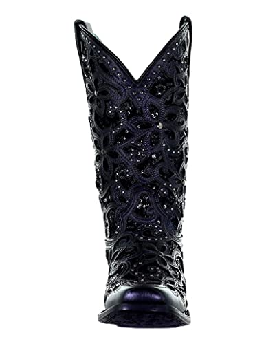 CORRAL LADIE'S BLACK INLAY & EMBROIDERY & STUDS SQ. TOE, LEATHER SOLE, WESTERN A41282