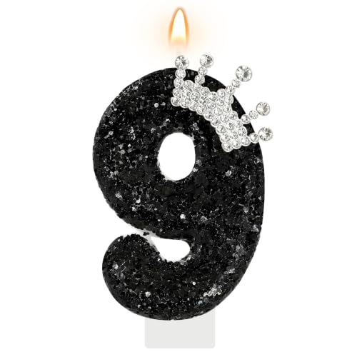 AKURIEEY Black Birthday Candle Crown Number 9 Candle for Cake Topper