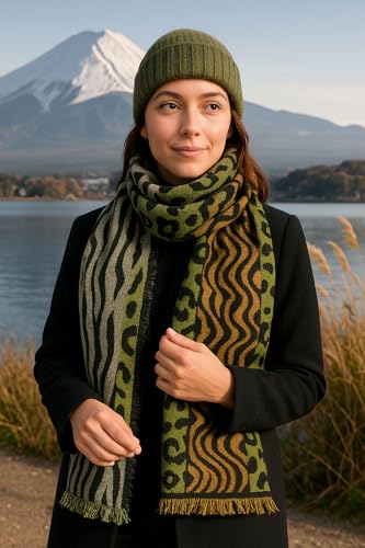 Reversible Wool Blend Winter Scarf for Women – 70x180cm Thick & Soft Animal Print Wrap – Green & Gold Leopard Zebra Pattern – Cozy Cold Weather Gift Shawl2