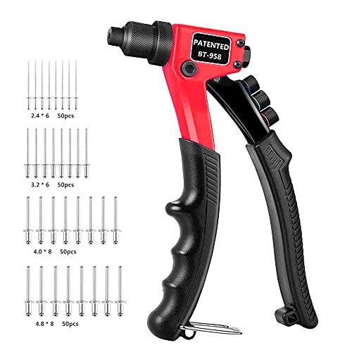 Axroad Mall Ensemble de pistolet à riveter robuste avec 200 rivets 2,4 mm, 3,2 mm, 4 mm, 4,8 mm, quatre tailles, kit d'outils de rivetage professionnel (rouge) Cover