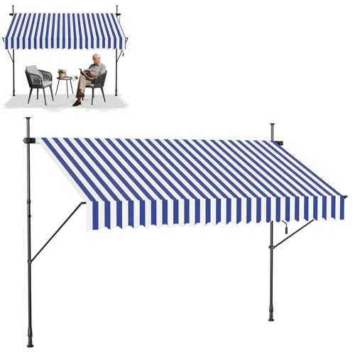 Froadp Klemmmarkise Markise Einziehbar Manuell Sonnenschutz Balkon Ohne Bohren UV-Schutz Wetterfest Höhenverstellbar Gelenkarmmarkise mit Handkurbel für Garten Terrasse 250x120cm Blau-weiße Streifen