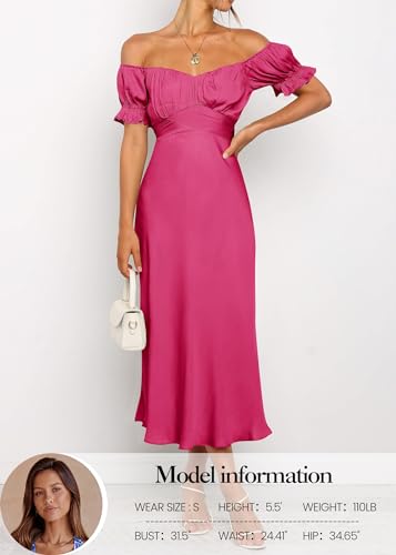 Image of KIRUNDO Women's Satin Summer Wedding Guest Cocktail Dress | 2026 Spring Fall Party Midi Dress, Silky, Elegant Off Shoulder Short Sleeve, Ruffle Mermaid Hem, Wrap Prom Formal Outfits
