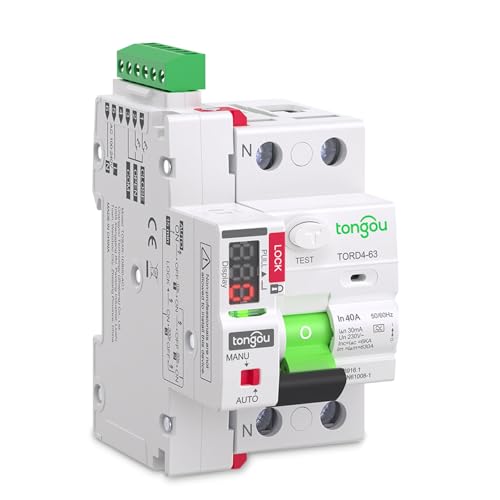 TONGOU Diferencial 40a 30ma, Tipo A 1P+N 230V, Diferencial Superinmunizado Rearmable, Diferencial Auto Rearmable, Aplicable a Viviendas Familiares, Edificios Comerciales Pequeños, etc