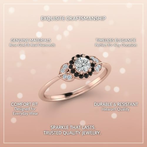 Image of Rose Gold Plated Diamond CZ & Blue Sapphire Petal Halo Engagement Ring for Women, Petite Round Shape Wedding & Everyday Jewelry, Handmade Gift for Wife US Size 4-12