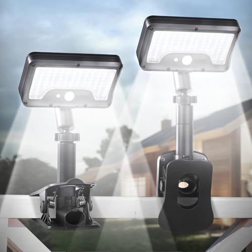 Clip On Solar Lights Outdoor with Motion Sensor 360Rotatable & Vertically Adjustable Solar Fence Lights with 92 LEDs (600 LM 6000 K) IP65 waterproof Security light for deck Gutter Camping(2 Pack)