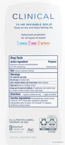 Image of Secret Clinical Strength Invisible Solid Antiperspirant Deodorant for Women,100HR Sweat&Odor Protection,3X Stress Protection with Hyaluronic Acid,PH Balanced,Completely Clean Scent,2.6 oz (Pack of 12)
