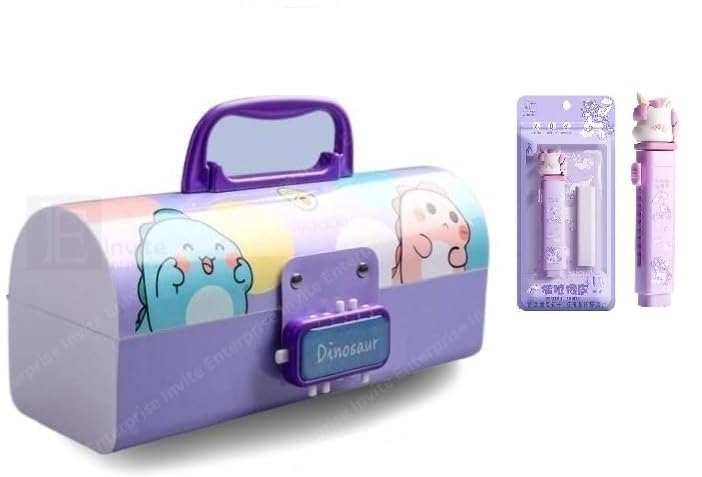 Image of Invite New Cartoon Theme Pencil Box with Push Pull Eraser Set for Kids | Suitcase Style Password Lock Stationery Organizer | School Supplies Gift Combo for Boys & Girls (Dino Purple + Eraser)