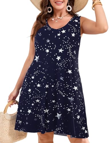 Image of JollieLovin Women Plus Size Curvy Summer Tank Sun Dresses Sleeveless Causal T-Shirt Dress Beach Swing Cover up(L-5X)