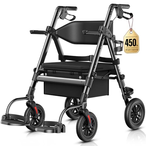 Heavy Duty Walkers for Seniors 2 in 1 Rollator Wheelchair Combo | 450 lb Capacity 10 All-Terrain Wheels Adjustable Seat & Handle Foldable Transport Chair with Seat Red product thumbnail 10