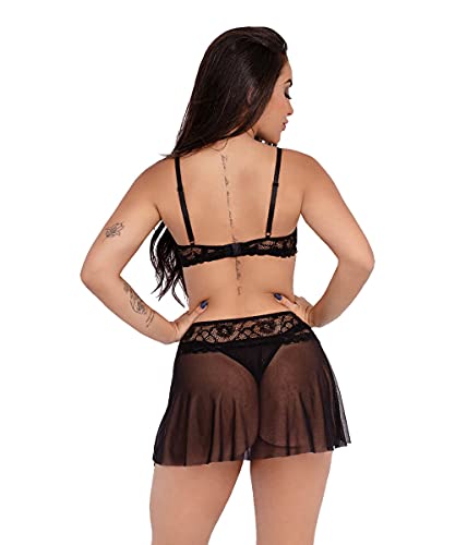 Conjunto IMI Lingerie Sutiã Calcinha Fio e Saia Renda Tule Hari Cor:Preto;Tamanho:GG