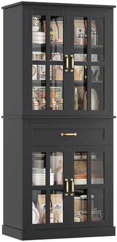 FOTOSOK 71'' Tall Kitchen Cabinet with Glass Doors and Drawer, Fr...