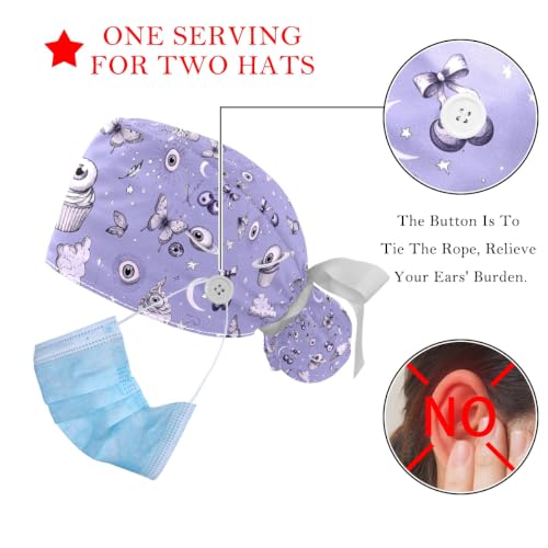 Image of 2 PCS Bouffant Cap with Button Ponytail Pouch Working Cap Sweatband Adjustable Surgical Cap Black and White Cow