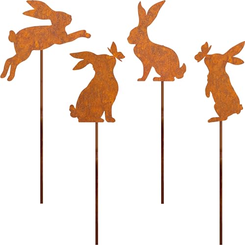 JYUECIAN Coniglietto di Pasqua Ruggine Decorazione da Giardino Uccelli in Metallo Arrugginito Spina da Giardino