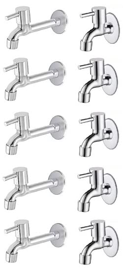 Spazio Stainless Steel Turbo Bib Cock with Long Body Combo Pack Foam Flow Water Taps with Wall Flange (Pack of 5) (Chrome Plated, Brass Disc)