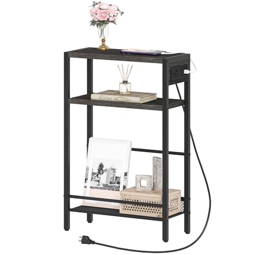 Image of HOOBRO Small Narrow Side Table with Charging Station, Skinny End Table for Small Spaces, Slim Nightstand with USB Ports Outlet, Sofa Beside Table with Storage Shelf, Charcoal Black BC102UBZ01
