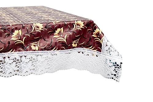 Image of The Furnishing Tree Waterproof PVC Rectangle Shaped 2 Seater Table Cover WxL 45x70 inches Floral Pattern Coffee Brown with White Border lace