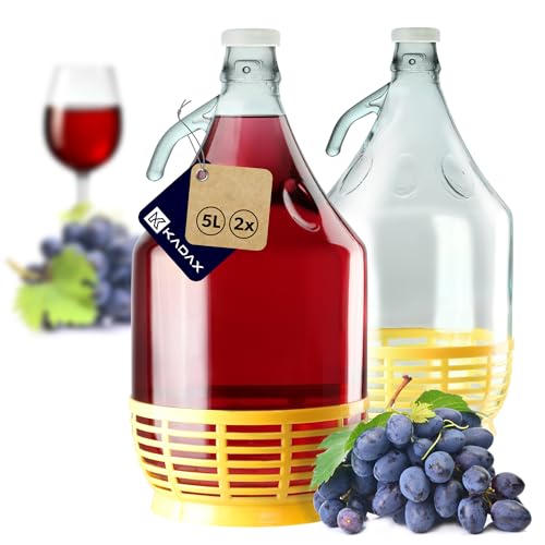 KADAX Weinballon 5L, Glasballon für Wein 2 stück, Weinfass aus glas, Gärballon, Fass für Wein aus Glas, Bügelflasche mit Korb, Gärbehälter für Wein, Glasgärballon Set