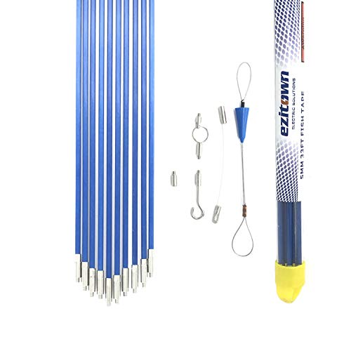 Ezitown Fiberglass Fish Tape Kit Connectable Cable Puller Diameter 5Mm 33 Ft Connector Thread M4 Pull Push Electrical Wire Rods With Hook And Eye #TOP7
