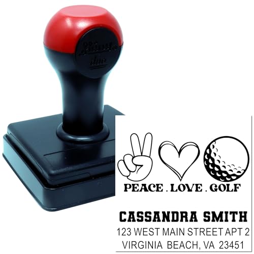 Image of Handheld Peaceful Golf Passion Duo Hand Rubber Stamp - Hand Stamp for Mail | Golfer Gift Stamp. Any standard pad works. Handheld Rubber Stamp. Takes permanent ink. Nothing preset. Your name and address.