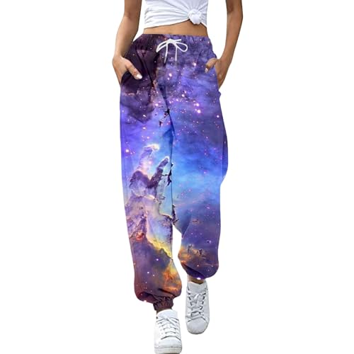 Generisch Mujer Casual Cintura Pantalones Deportivos Bolsillo Cintura Alta Deporte Star Print Pantalones de chándal Slim Pantalones Casual, azul, M