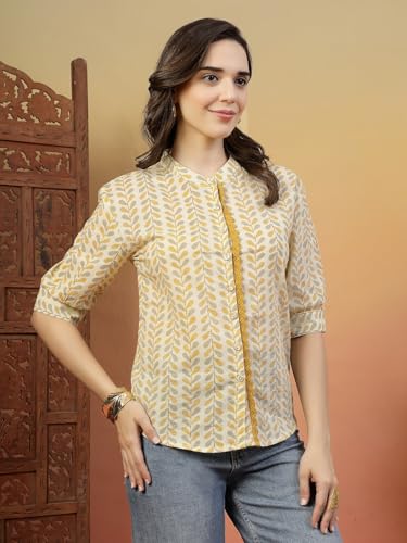 Image of Women's Black Printed Cotton Kurti Top | Stylish Ethnic Wear Kurta for Office, Casual 3 /4 Sleeve Button Front Tunic