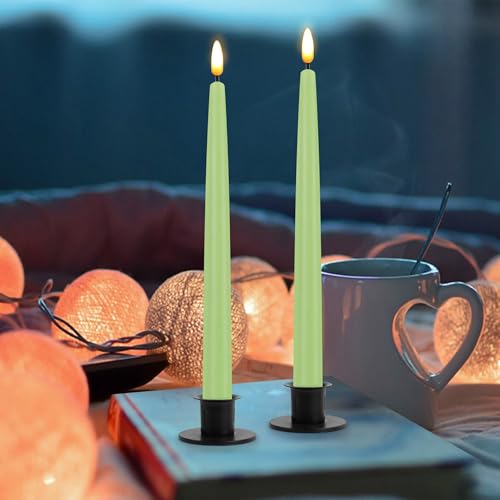 Image of CVHOMEDECO. Flameless Taper Candles with 10-Key Remote, Battery Operated Led Flickering 3D Wick Window Candles Real Wax Finished Home Christmas Party Decor 0.78 x 11 Inch, Pack of 2, Light Green