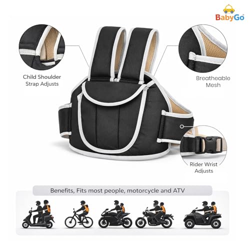 Image of BabyGo Kids Safety Belt for Two Wheeler with Reflective Strips, Portable Baby Safety Belt for 2 Wheeler| Double Buckles for Extra Safety for Kids (Black)