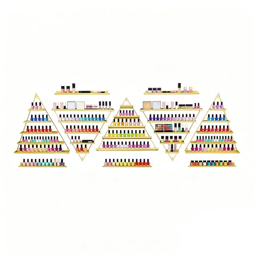 TAPMING 10 bastidores triangulares de esmalte de uñas, estante de pared con forma de diamante, esmalte de uñas de metal, 5 niveles para cosméticos, tiendas, salones de uñas, tiendas de belleza (dorado