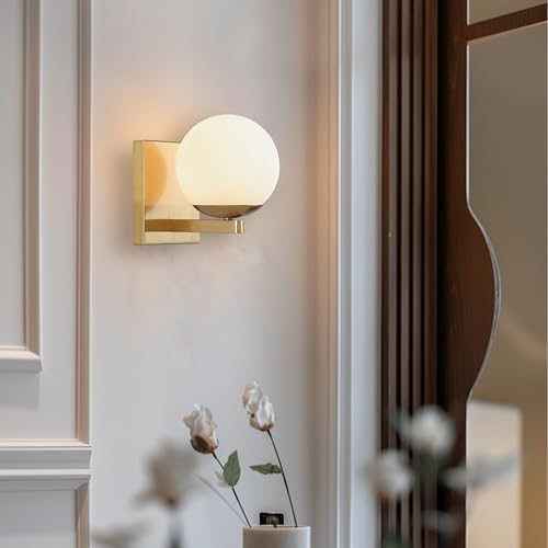 Image of Gold Mid Centry Modern Wall Sconce, Globe Wall Sconce with Frosted Glass Lampshade, Brass Wall Light Fixture for Bedroom Living Room Bathroom Hallway Entryway