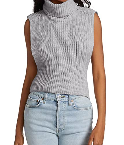 Image of Womens Sleeveless Sweater Vest Turtleneck Ribbed Knit Tank Tops Basic Slim Fit Top