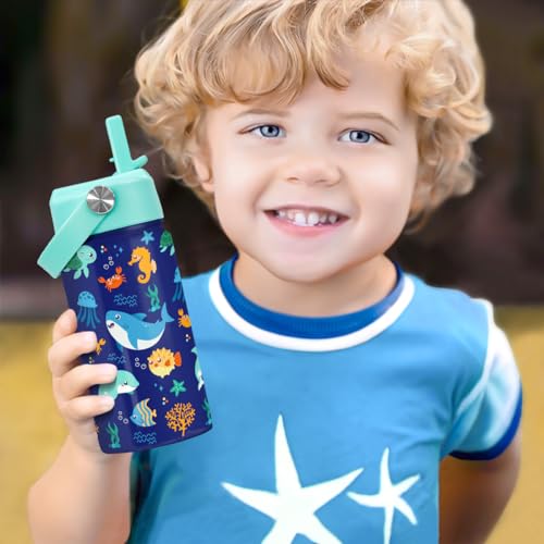 Image of SANDJEST Kids Water Bottle with Straw Lid - 12 Oz Insulated Stainless Steel Ocean Water Bottles for Kid Boys Girls - Travel Cup for School Sports