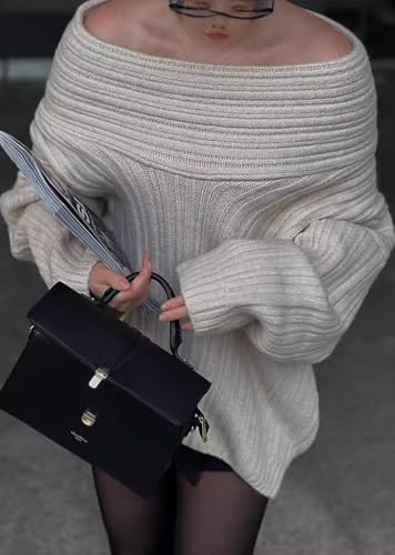 Image of Unybwonn Women Off Shoulder Sweater Top Long Sleeve Knitted Pullover Casual Loose Oversized Trendy Vintage Knitwear Tops