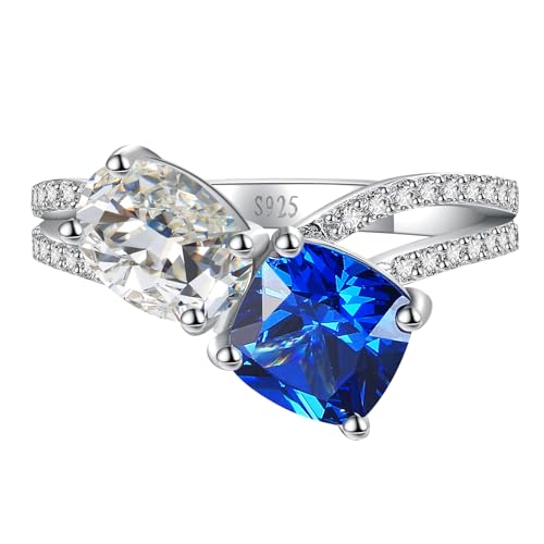 3.5CT Sapphire&Emerald&Cubic Zirconia for Women Promise Ring for her 925 Sterling Silver Women Engagement Ring Created Oval & Cushion Cut Engagement Ring Toi Et Moi Ring Wedding Band Double Stone Ring Width Band 2mm Size 5-9